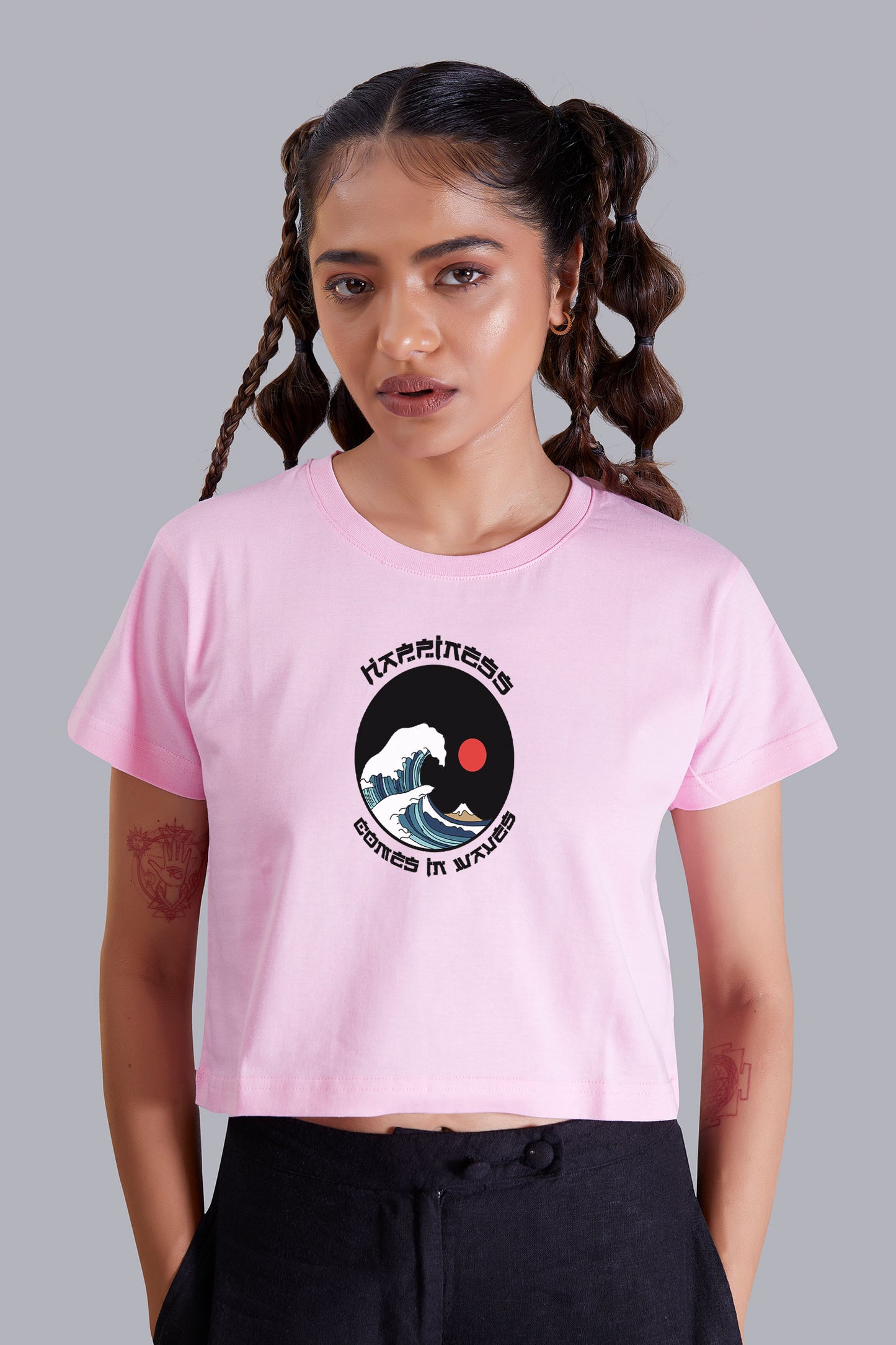 Happiness Sea Wave Pink Printed Cropped T shirt