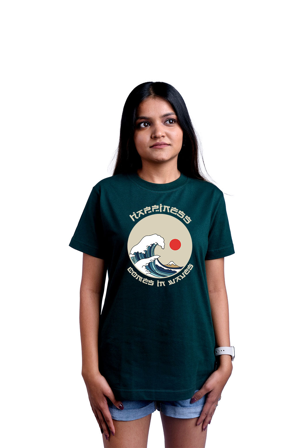 Happiness Comes In Waves Round Neck Women (Forest Green)