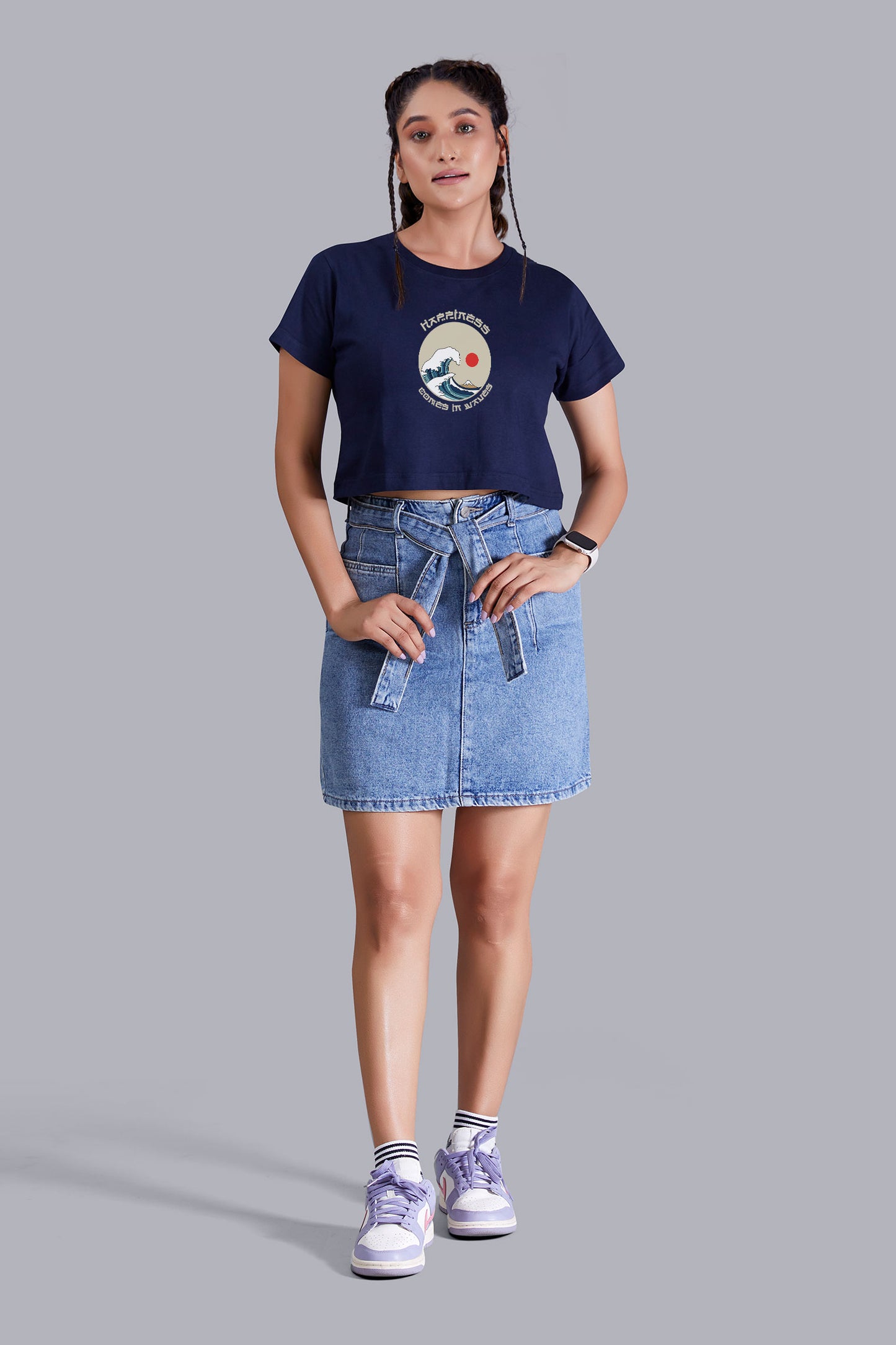 Happiness Sea Wave Navyblue Printed Cropped T shirt