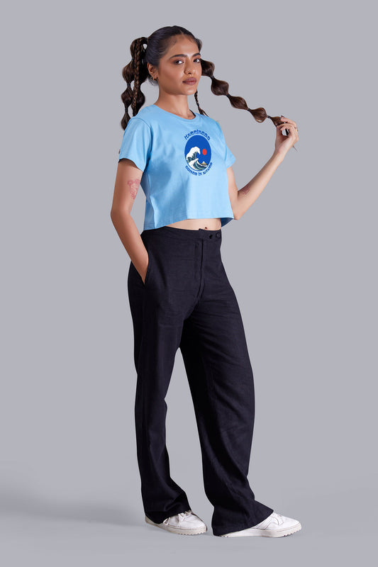 Happiness Sea Wave Skyblue Printed Cropped T shirt