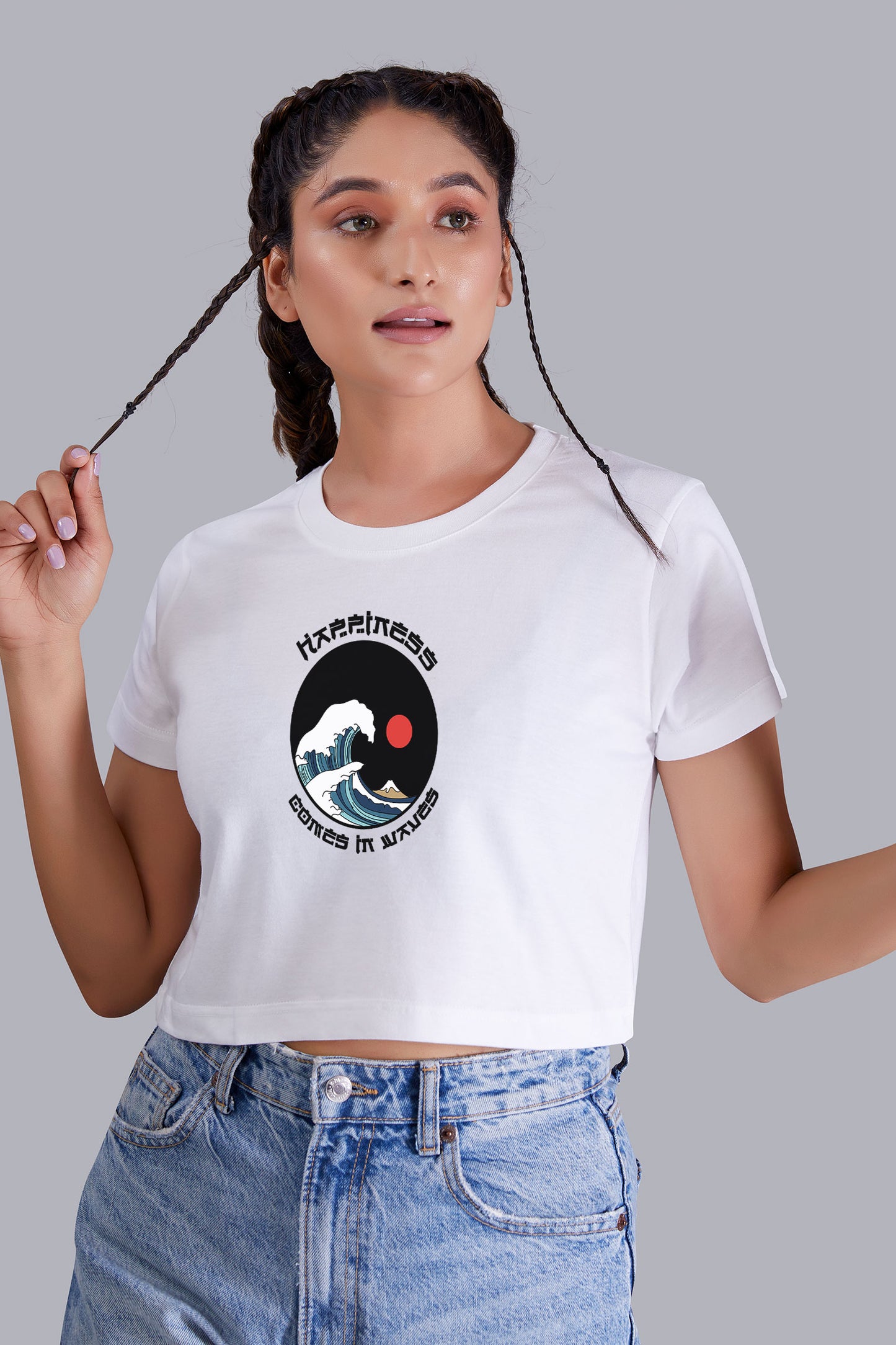 Happiness Sea Wave White Printed Cropped T shirt