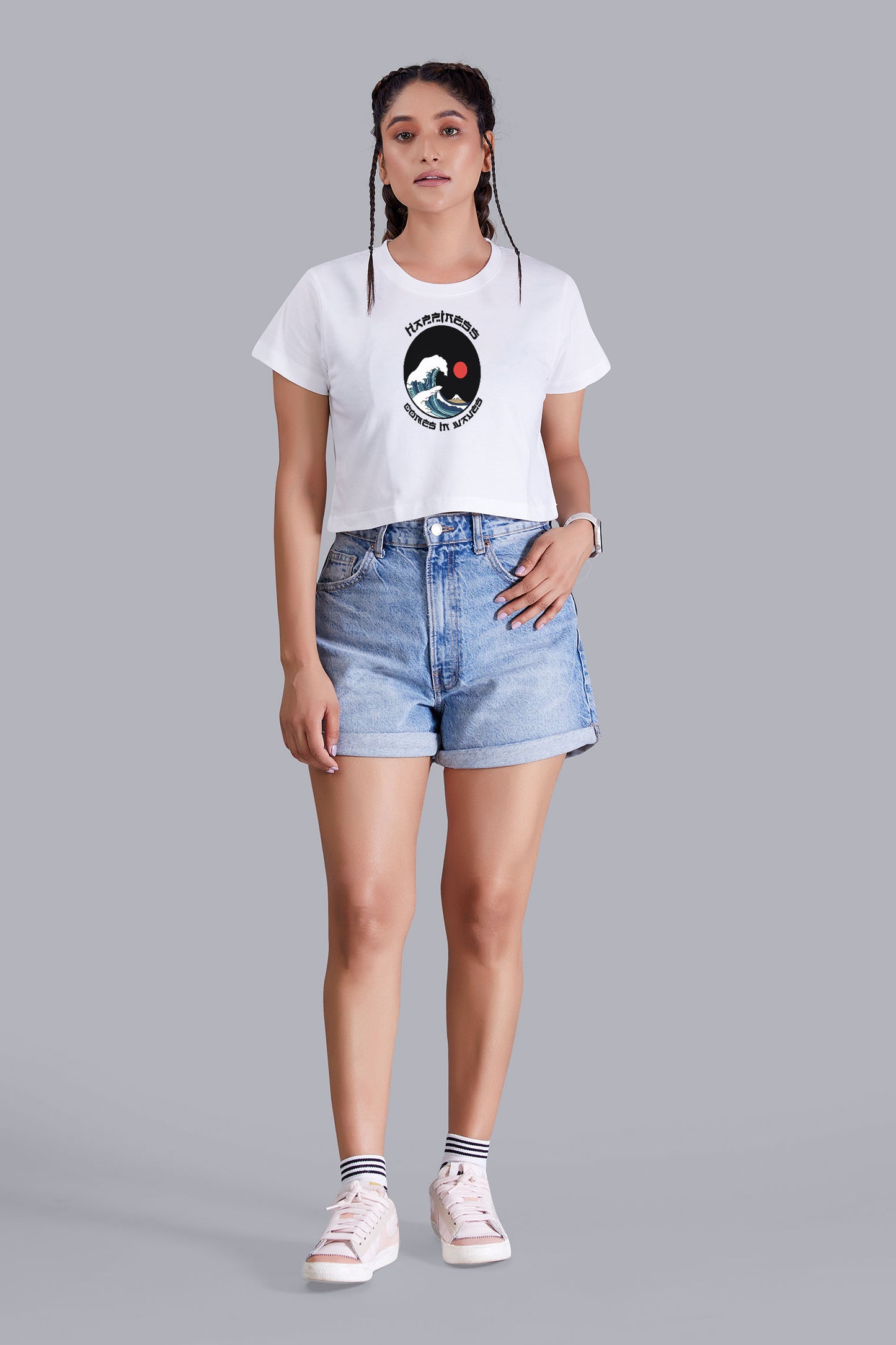 Happiness Sea Wave White Printed Cropped T shirt