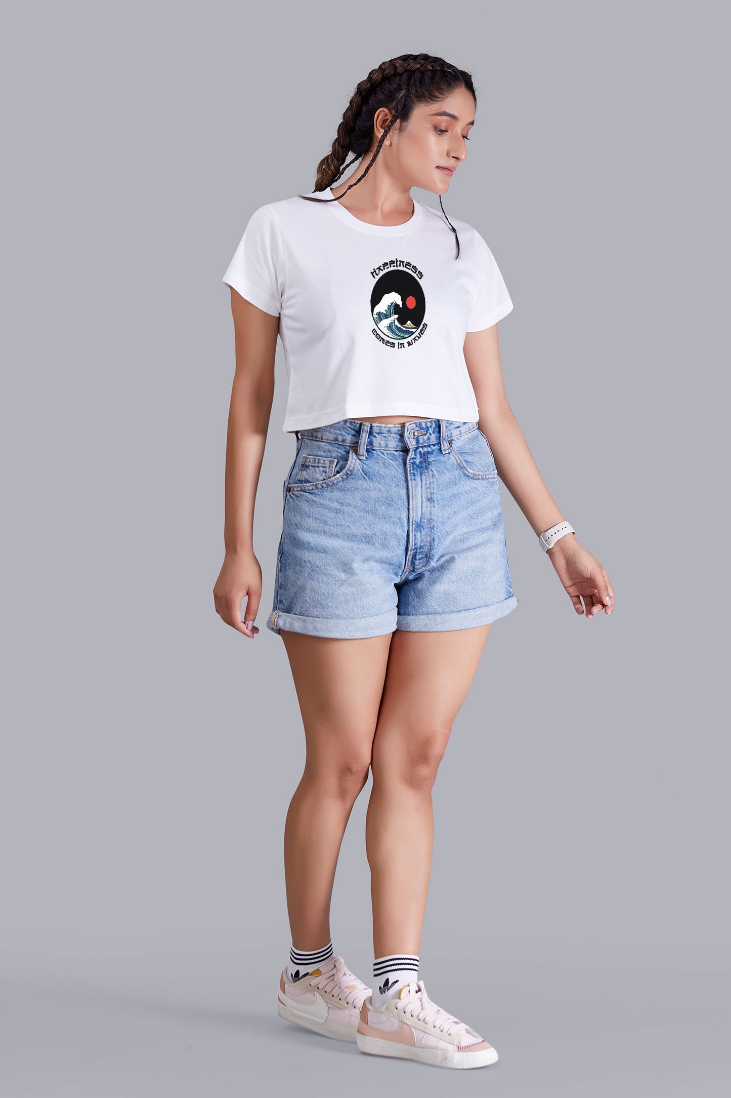 Happiness Sea Wave White Printed Cropped T shirt