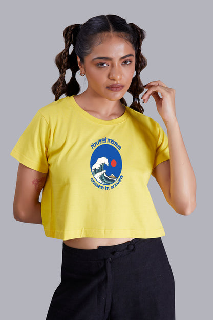 Happiness Sea Wave Yellow Printed Cropped T shirt