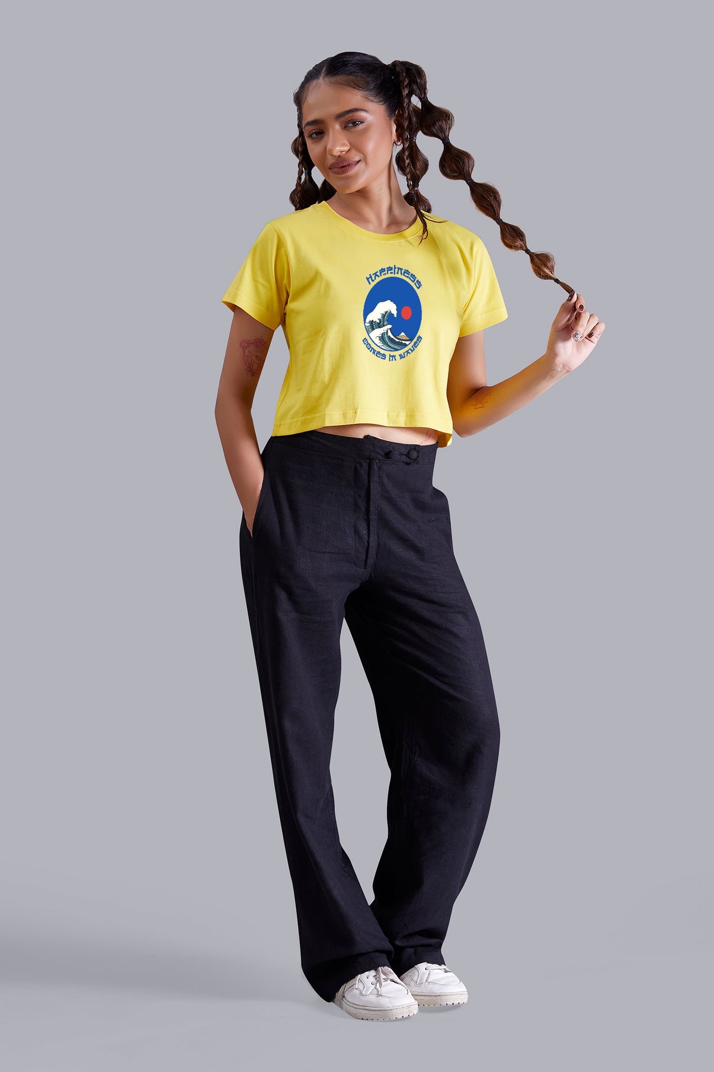 Happiness Sea Wave Yellow Printed Cropped T shirt