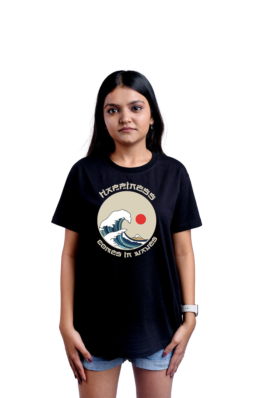 Happiness Comes In Waves Round Neck Women (Black)