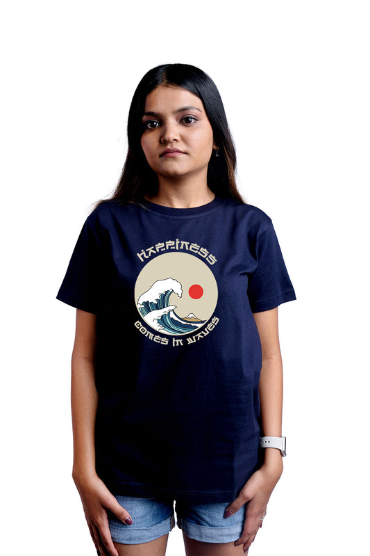 Happiness Comes In Waves Round Neck Women (Navy Blue)