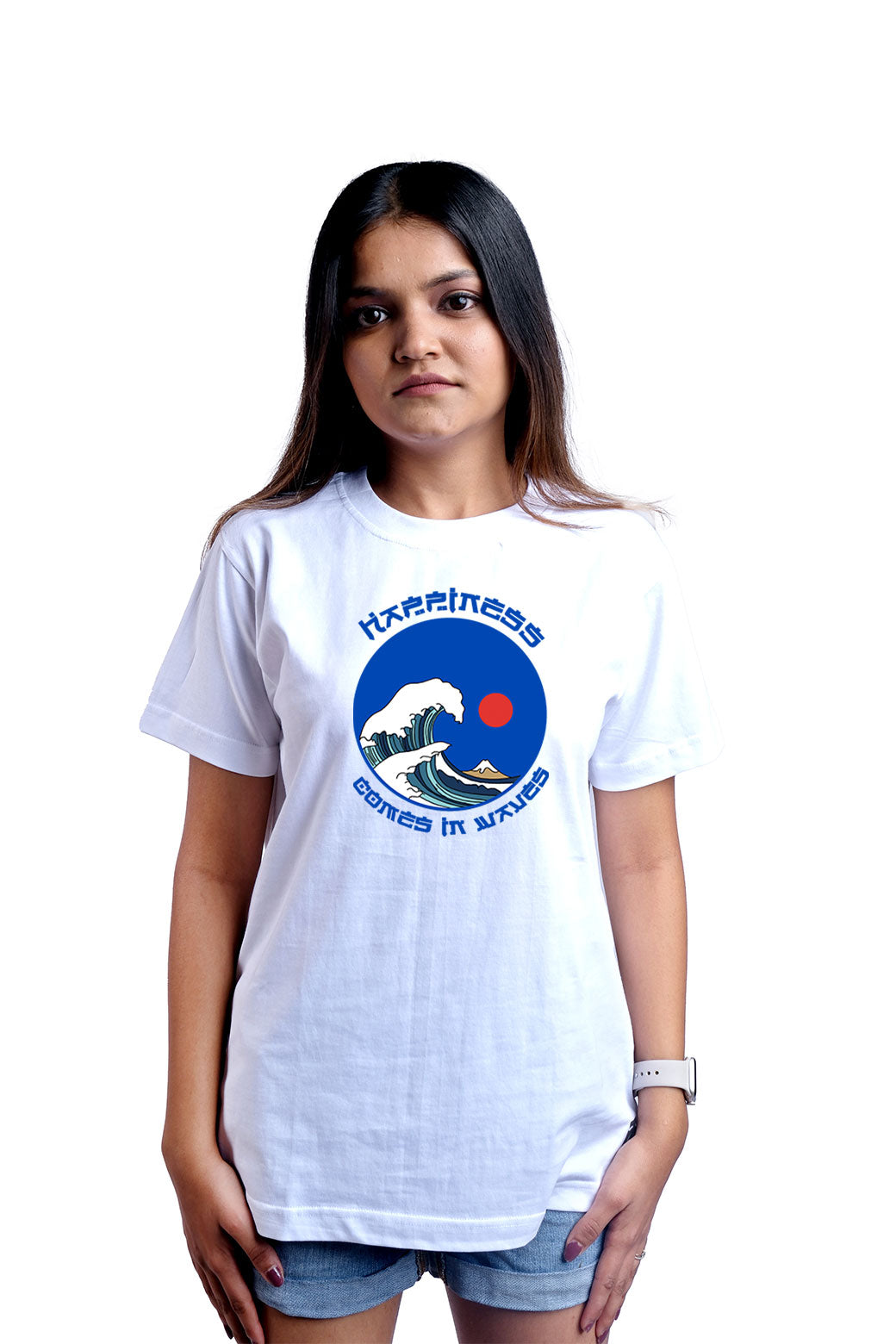 Happiness Comes In Waves Round Neck Women (White)