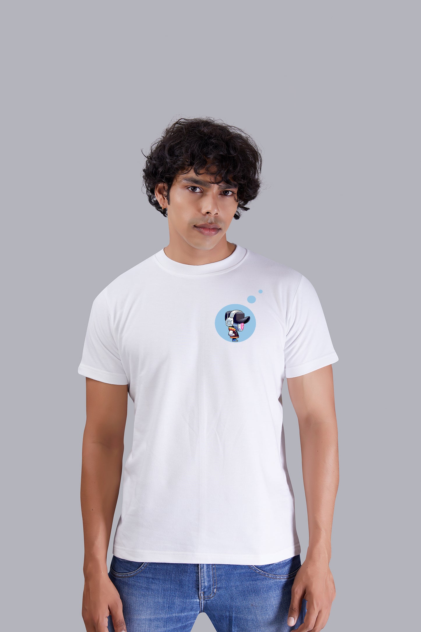 White Printed Round Tshirt For Men