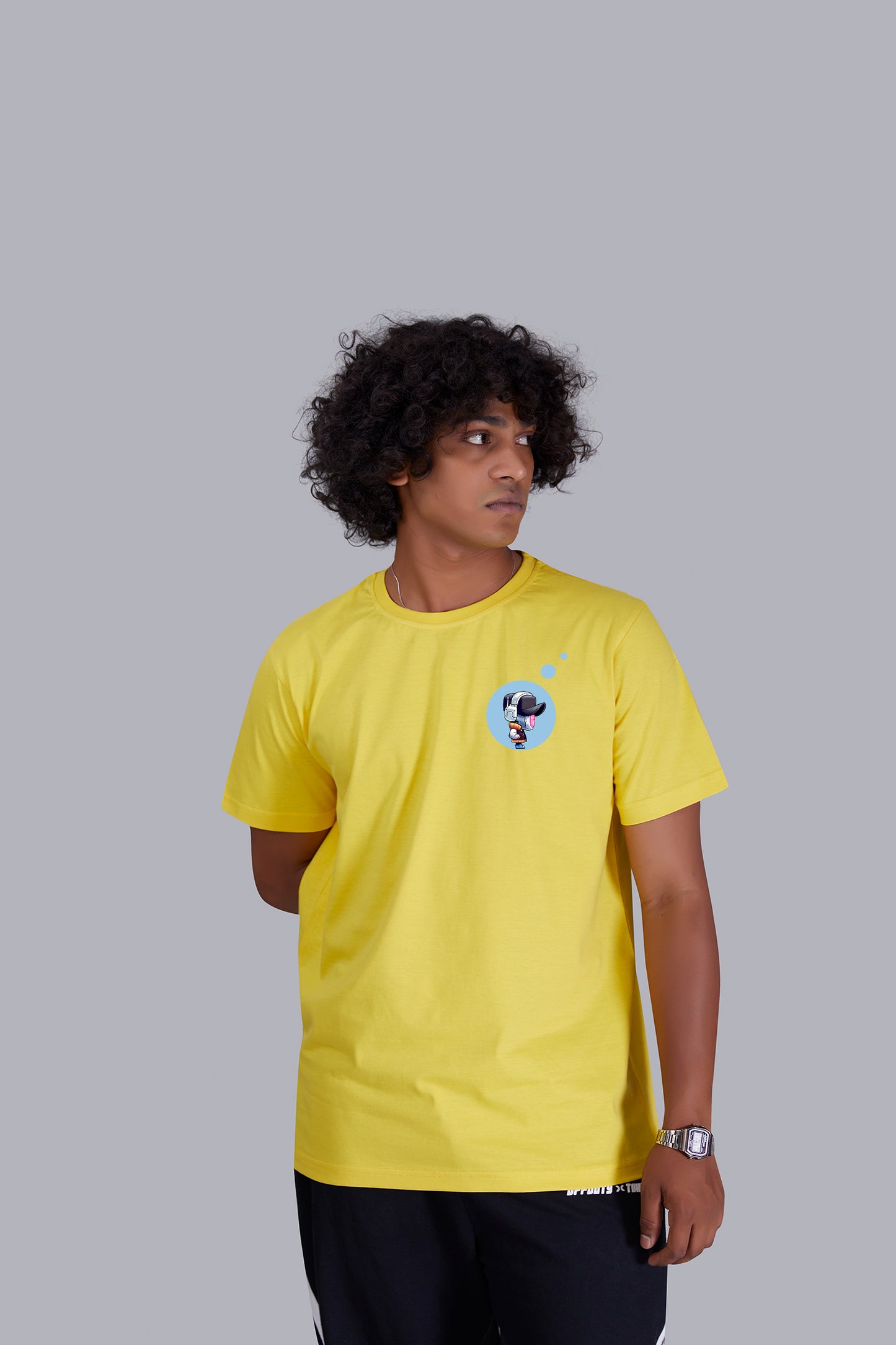 Yellow Printed Round Tshirt For Men