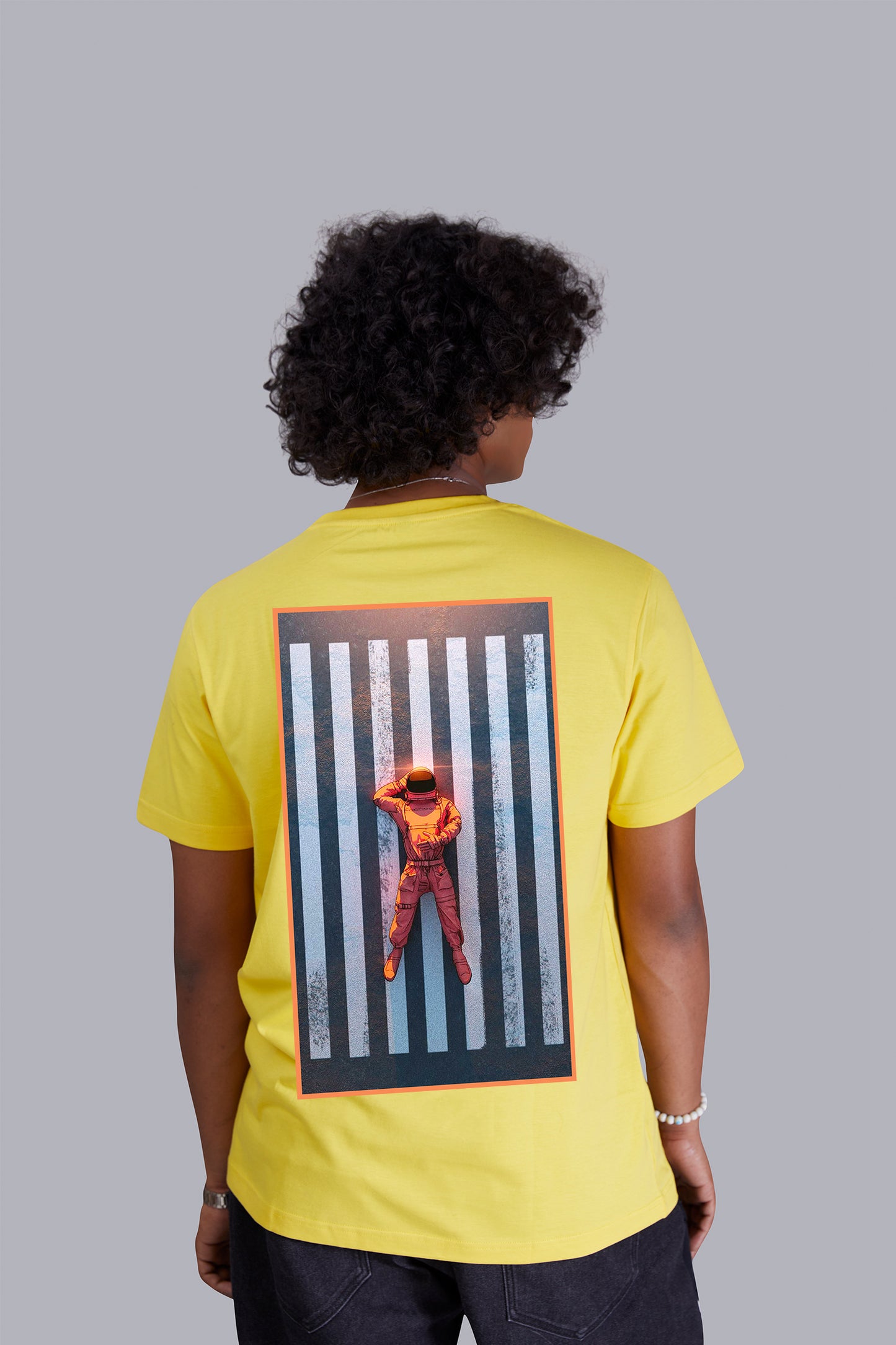 Yellow Astronaut Back Print Round Neck T-Shirt